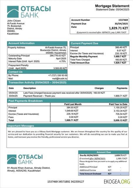 Modèle Word et PDF de relevé hypothécaire de la Kazakhstan Otbasy Bank